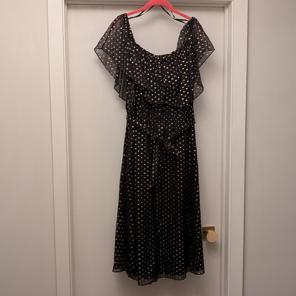 Eloquii Black and Metallic Gold Polka Dot Dress Off the Shoulder Sz 18